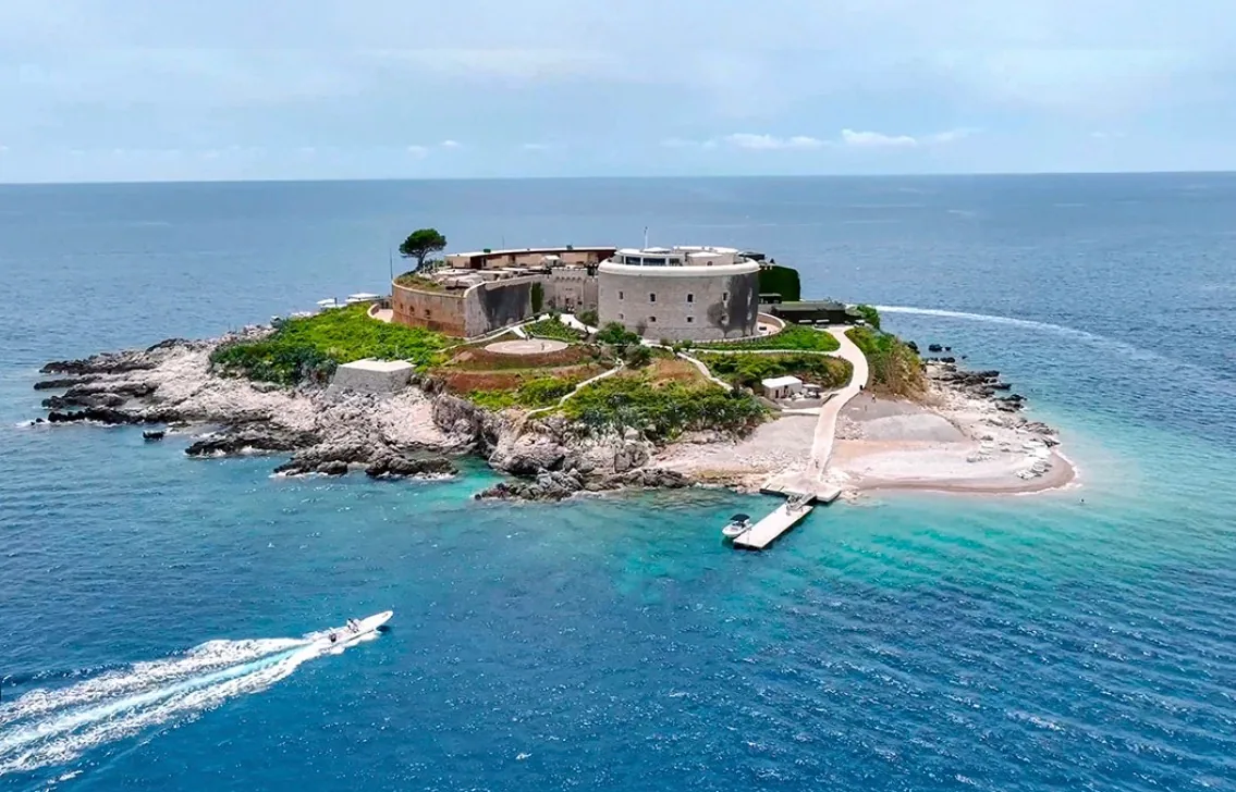 Mamula Island fortress at the entrance to Bay of Kotor surrounded by clear water